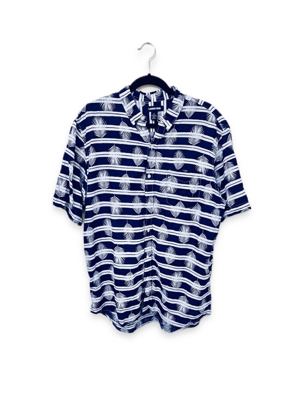 Lands’ End 100% Linen Short Sleeve Button Down Shirt Traditional Fit Navy Blue